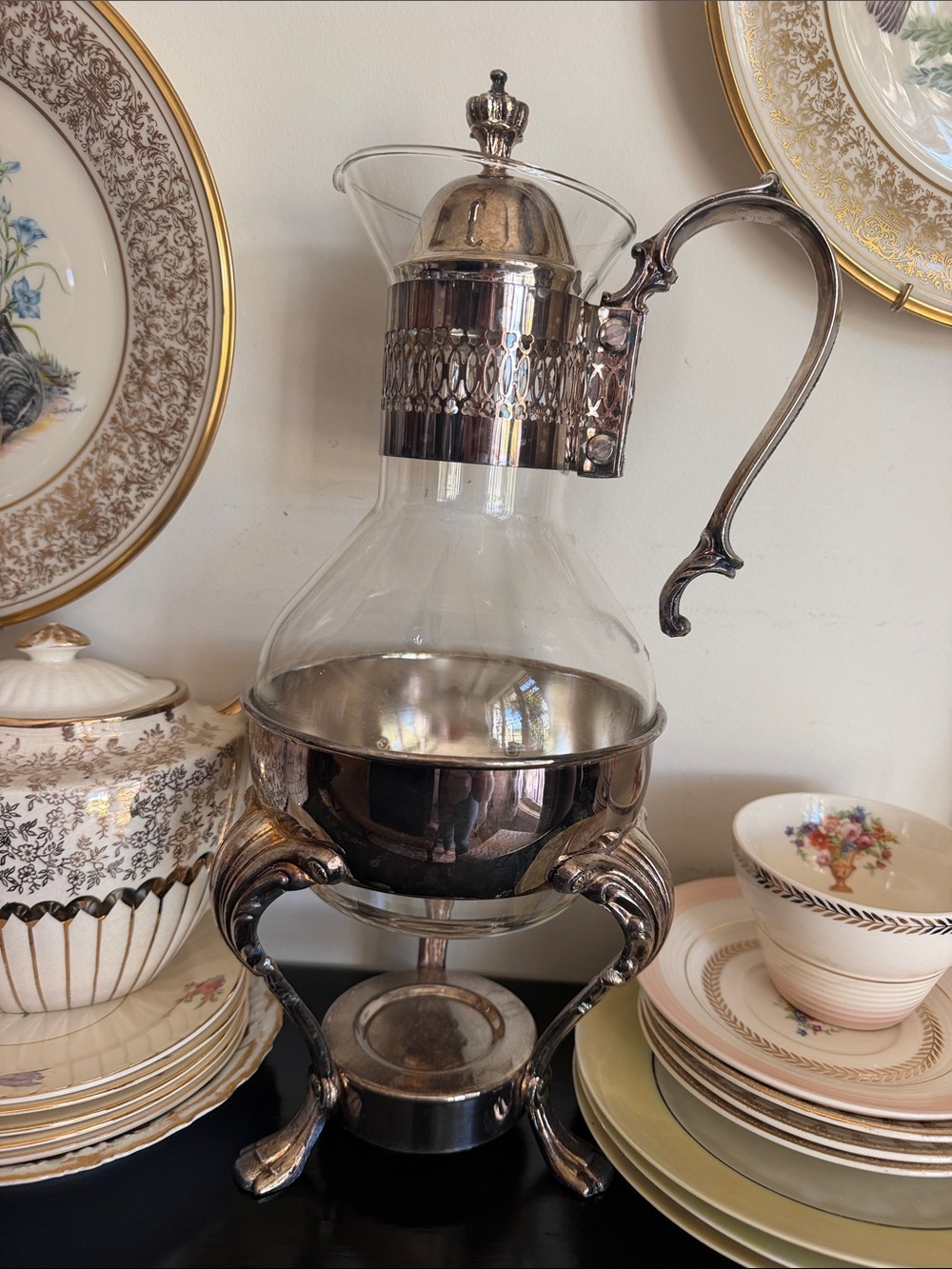 Silver-Tone Glass and Metal Beverage Server - Elegant Carafe with Stand